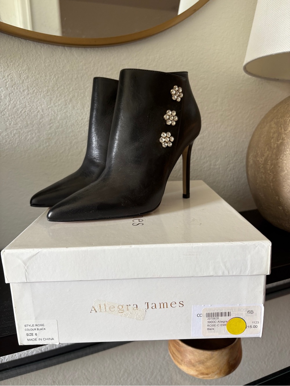 Black Leather Embellished Stiletto Booties